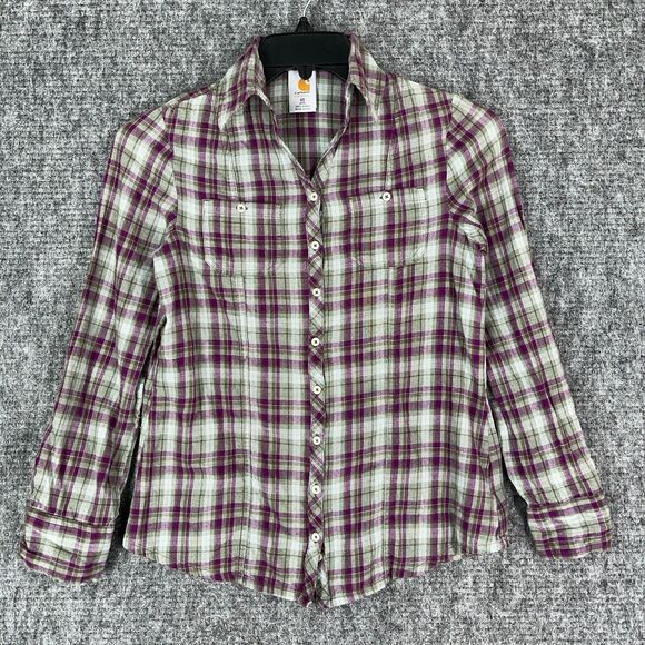 Carhartt Shirt Womens Extra Small 0 2 Plaid Roll Tab Casual Work Long Sleeve Top - Picture 1 of 11